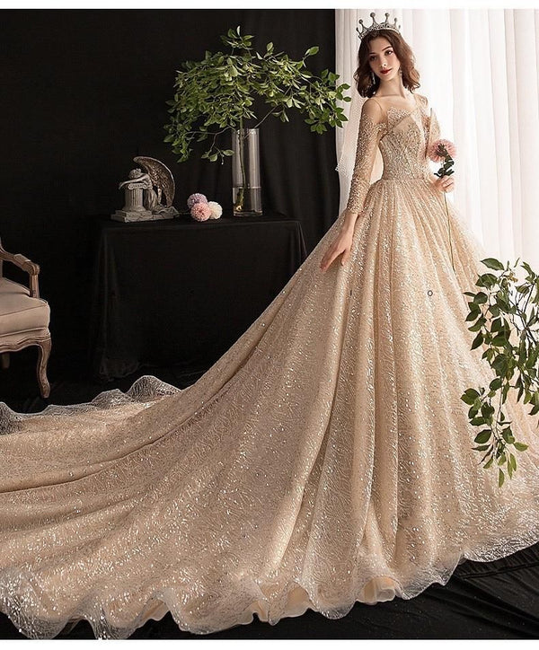 Luxury Shiny Wedding Dresses Long Sleeves Gown | EdleessFashion