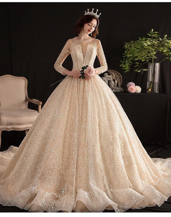 Luxury Shiny Wedding Dresses Long Sleeves Gown | EdleessFashion
