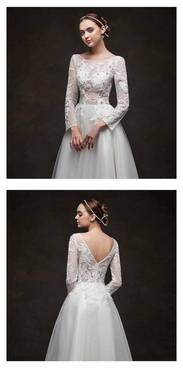 A-Line Wedding Dress Long Sleeve with Crystal Beading | EdleessFashion
