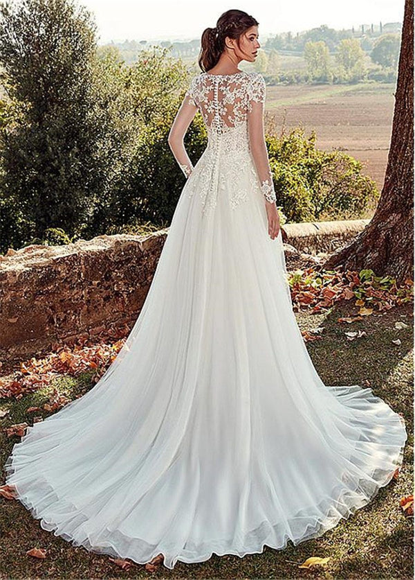 New Elegant A-Line Wedding Dresses Long Sleeves Gown | EdleessFashion