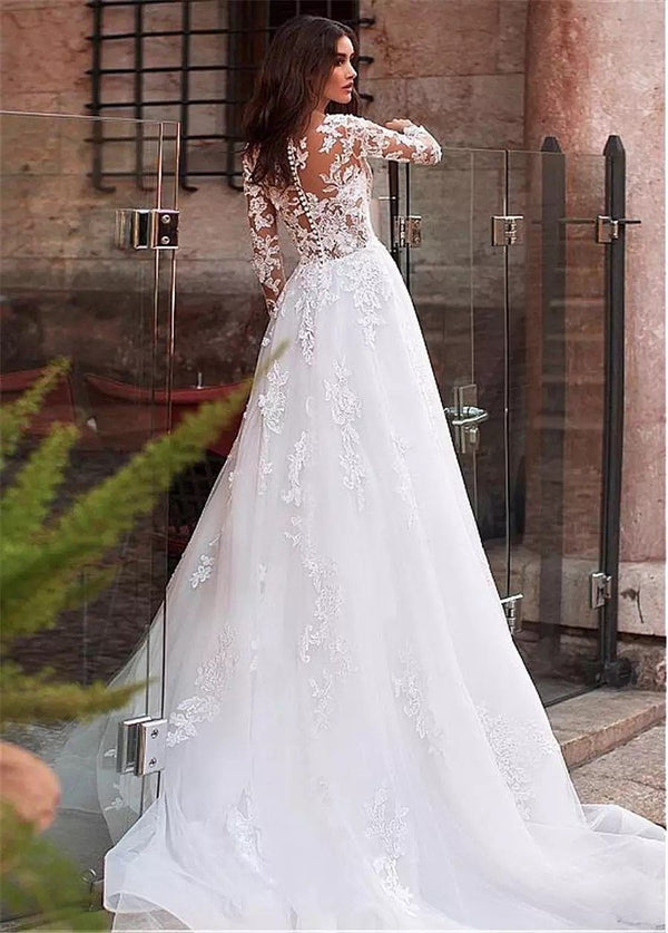 Boho Long Sleeves Wedding Dresses Lace Appliqued Tulle | EdleessFashion