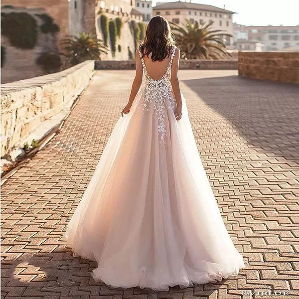Sexy Wedding Dresses New V Neck A-Line Backless 3D Floral Lace | EdleessFashion