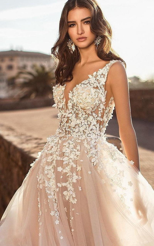 Sexy Wedding Dresses New V Neck A-Line Backless 3D Floral Lace | EdleessFashion