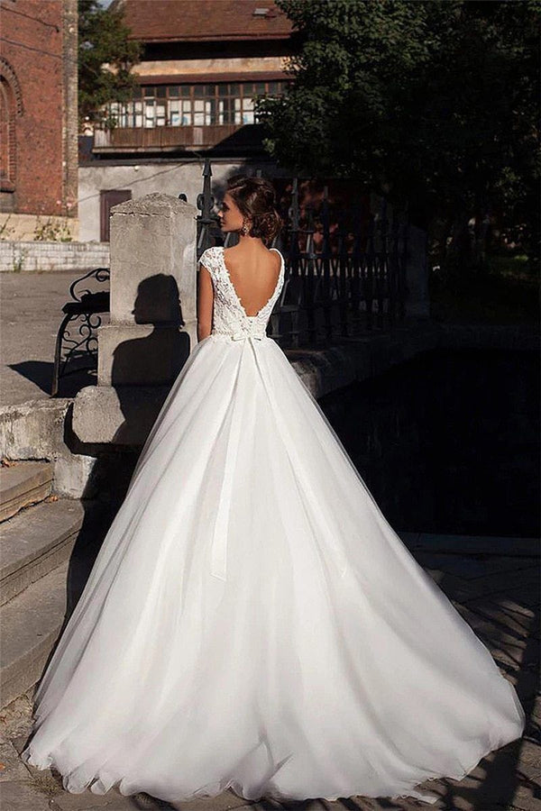 Short Sleeve Wedding Dress Backless Lace with Beaded Pearls | EdleessFashion