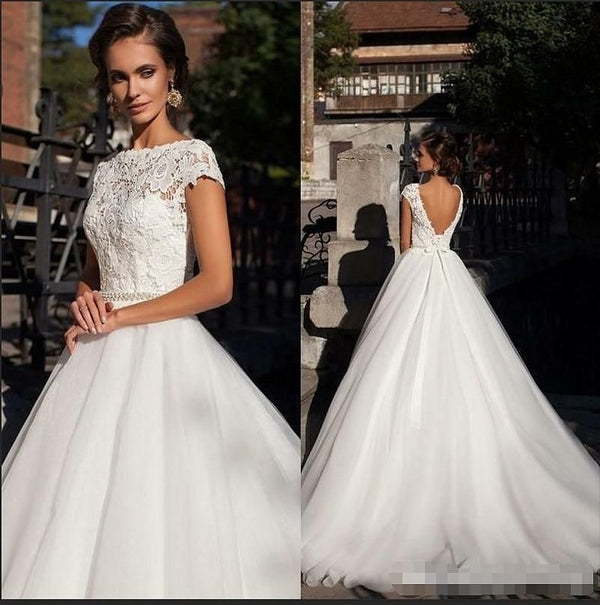Short Sleeve Wedding Dress Backless Lace with Beaded Pearls | EdleessFashion