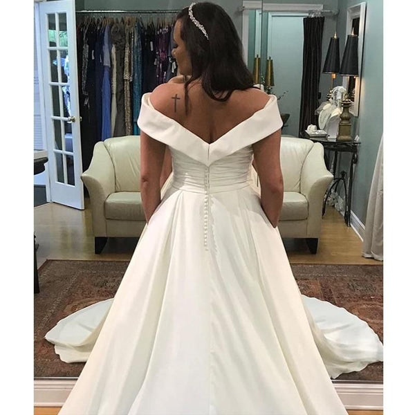 Beautiful Satin Off Shoulder Wedding Dress with Chapel Train | EdleessFashion