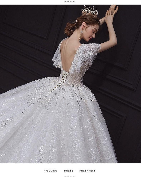 Luxury White Wedding Dress with Crystal Beads | EdleessFashion