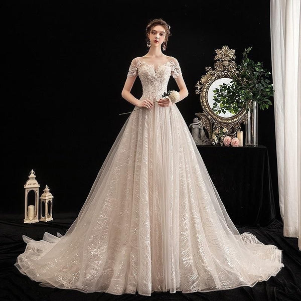 Luxury Shiny A-Line Wedding Dress With Train | EdleessFashion