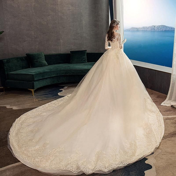 Sexy O Neck Full Sleeve Wedding Dress Illusion Lace Embroidery | EdleessFashion
